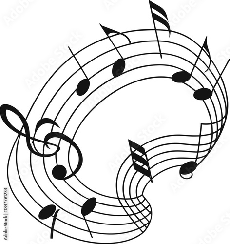 Musical note. Staff treble clef notes musician concept vector isolated on transparent background. Treble clef, notes and other music symbols, Musical rhythm concept