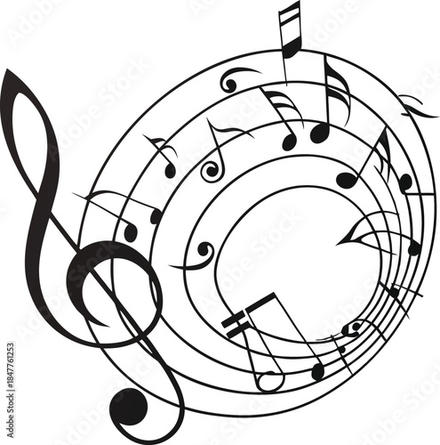 Musical note. Staff treble clef notes musician concept vector isolated on transparent background. Treble clef, notes and other music symbols, Musical rhythm concept