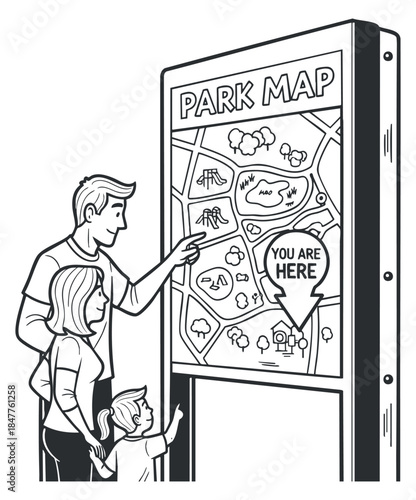 A family looking at a park map indicating their location in black and white vector style, ideal for outdoor recreation themes