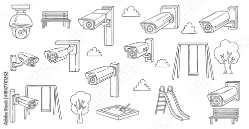 A collection of surveillance cameras, playground equipment, and park elements in black and white outline vector style, suitable for safety and urban design projects