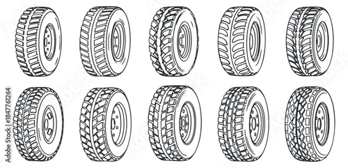 A collection of various tire designs in black and white outline vector style, suitable for automotive branding and graphics