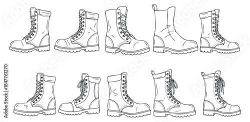 A collection of various boot designs in clean line art vector style, ideal for footwear branding and fashion projects