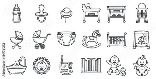 A collection of baby care icons including a bottle, pacifier, stroller, diaper, and crib in outline vector style, perfect for parenting and nursery designs
