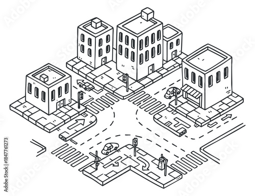 A vector illustration of an urban city intersection with buildings and roads in a minimalist outline style, suitable for urban planning projects