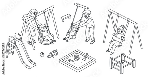 A playground scene featuring children on swings and a slide in black and white minimalist vector style, ideal for educational materials or family-themed designs