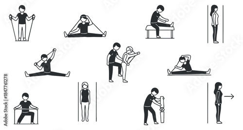 A collection of fitness and stretching exercises illustrated in simple black and white vector style, ideal for health and wellness projects
