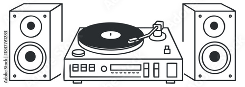A turntable with vinyl records and two speakers in minimalist black and white vector style, ideal for music-themed designs