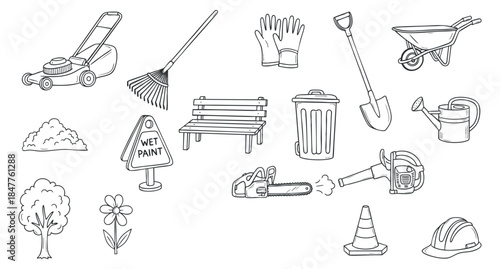 A collection of gardening and landscaping tools including a lawn mower, rake, gloves, wheelbarrow, and more in black and white outline vector style, suitable for landscaping design and DIY projects