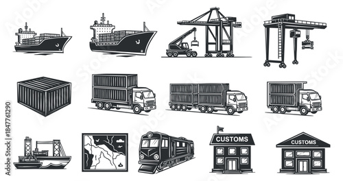 A collection of shipping and logistics icons including cargo ships, trucks, trains, and containers in black and white vector style, suitable for transport and logistics branding