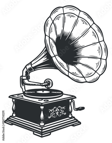 A vintage gramophone with a horn in detailed black and white illustration style, ideal for music-themed projects and retro decor