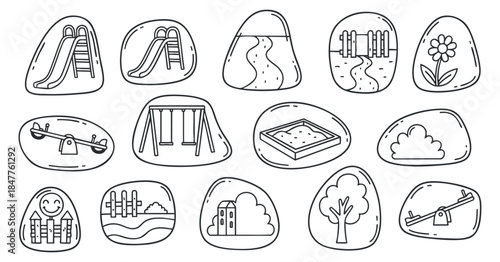 A collection of playground icons including slides, swings, sandbox, and trees in black and white minimalist vector style, suitable for children's activity designs