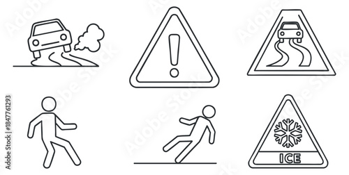 A set of warning icons depicting a car skidding, slippery road signs, and pedestrian slip hazards in minimalist outline vector style, suitable for safety-related projects