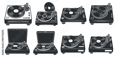 A collection of various turntables and record players in black and white vector style, perfect for music-related designs and branding