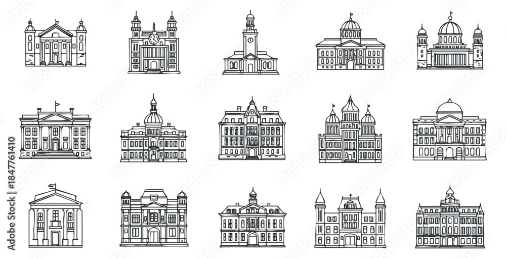 Fototapeta premium A collection of detailed architectural building illustrations in black and white outline vector style, ideal for urban design and historical projects