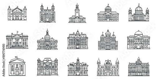 A collection of detailed architectural building illustrations in black and white outline vector style, ideal for urban design and historical projects