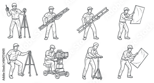A collection of construction workers using various tools in line art vector style, ideal for engineering and project design