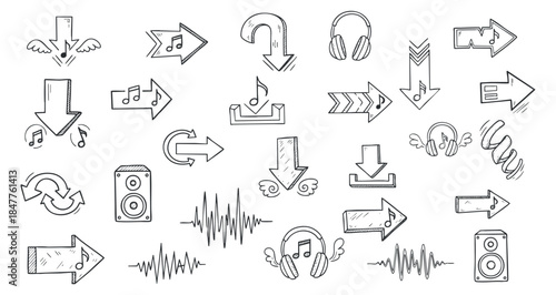 A collection of hand-drawn music and directional arrows icons in a sketch style, suitable for creative projects and media design