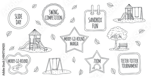 A collection of playground-themed icons including slides, swings, and sandbox in black and white outline vector style, ideal for children's event branding