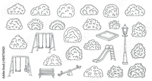 A collection of playground equipment including swings, slides, and benches, surrounded by bushes in outline vector style, suitable for park design and children's activities