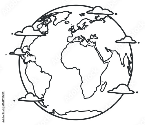 A simple outline illustration of the Earth with landmasses and clouds in minimalist vector style, suitable for educational and environmental projects