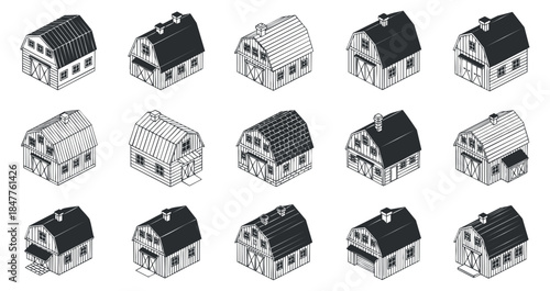 A collection of twelve isometric barn illustrations in black and white vector style, suitable for rural design projects