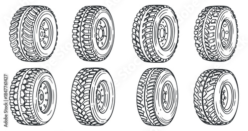 A collection of eight different tire designs in black and white outline vector style, ideal for automotive illustrations and graphic design