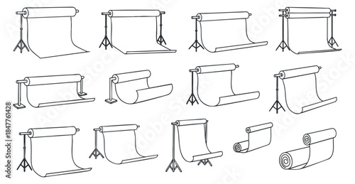 A collection of photography backdrop setups featuring various rolled backgrounds in minimalist black outline vector style, suitable for photography and design projects