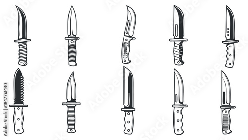 A collection of various knife designs in black and white outline vector style, suitable for culinary and kitchen-themed projects