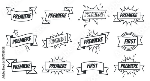 A collection of premiere and first labels in black outline vector style, ideal for event marketing and promotions