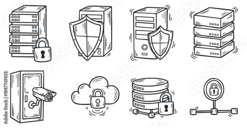 A collection of security icons including servers, locks, and shields in outline vector style, suitable for technology and cybersecurity themes