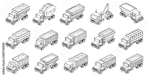 A collection of various trucks including dump trucks, cement mixers, and flatbed trucks in minimalist outline vector style, ideal for construction and transportation projects