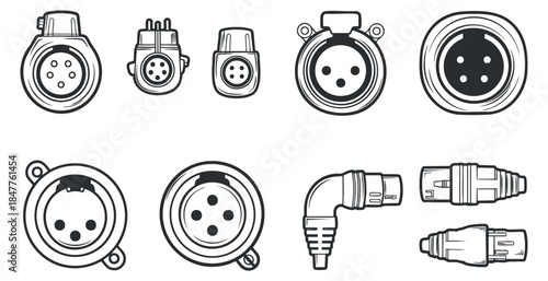 A set of circular electrical connectors and plugs in black outline vector style, suitable for technical illustrations and product design