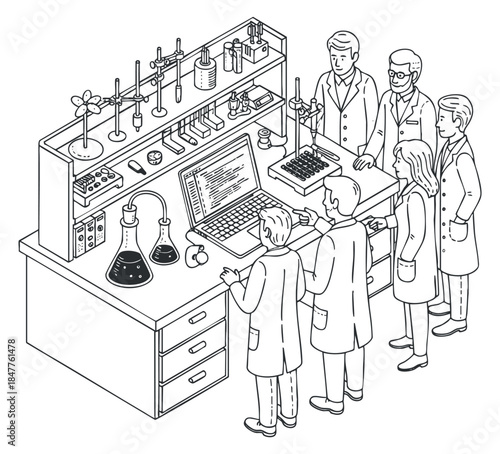 A group of scientists conducting research in a laboratory setting, featuring various equipment and tools in clean outline style, suitable for educational and scientific publications