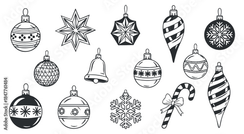 A collection of Christmas ornaments including baubles, stars, snowflakes, and candy canes in black and white minimalist vector style, perfect for festive designs