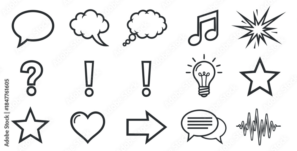 Fototapeta premium Set of black outline doodle icons including speech and thought bubbles, music note, starburst, question and exclamation marks, light bulb, stars, heart, arrow, chat bubble and sound wave.