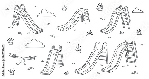 A collection of playground slides and seesaws in black and white line art vector style, ideal for children's activity themes