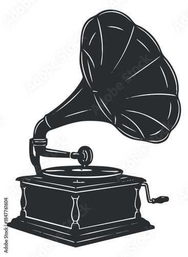 A vintage gramophone with a large horn and a wooden base in black and white vector style, ideal for music-themed designs