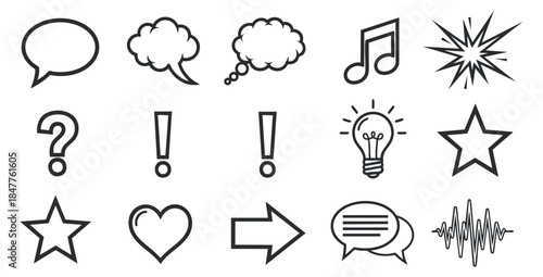 Set of black outline doodle icons including speech and thought bubbles, music note, starburst, question and exclamation marks, light bulb, stars, heart, arrow, chat bubble and sound wave.