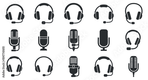 A collection of various microphone and headset icons in black and white minimalist vector style, suitable for audio and communication projects