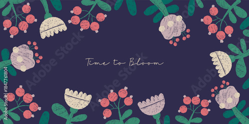 Hand-drawn Crayon Spring Floral Poster. Blooming Flower, Plants and Berry on Dark Background. Primitive botanical Textured Vector horizontal illustration. Not AI