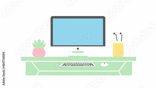 Minimalist workspace with desktop computer, potted plant and stationery on light green desk