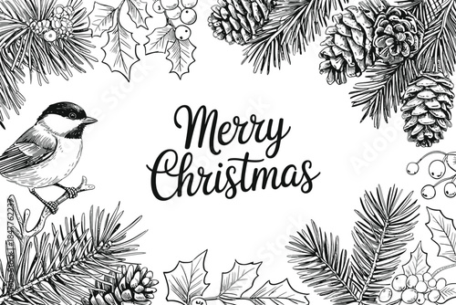 Merry christmas sketch with bird and pinecone decorations