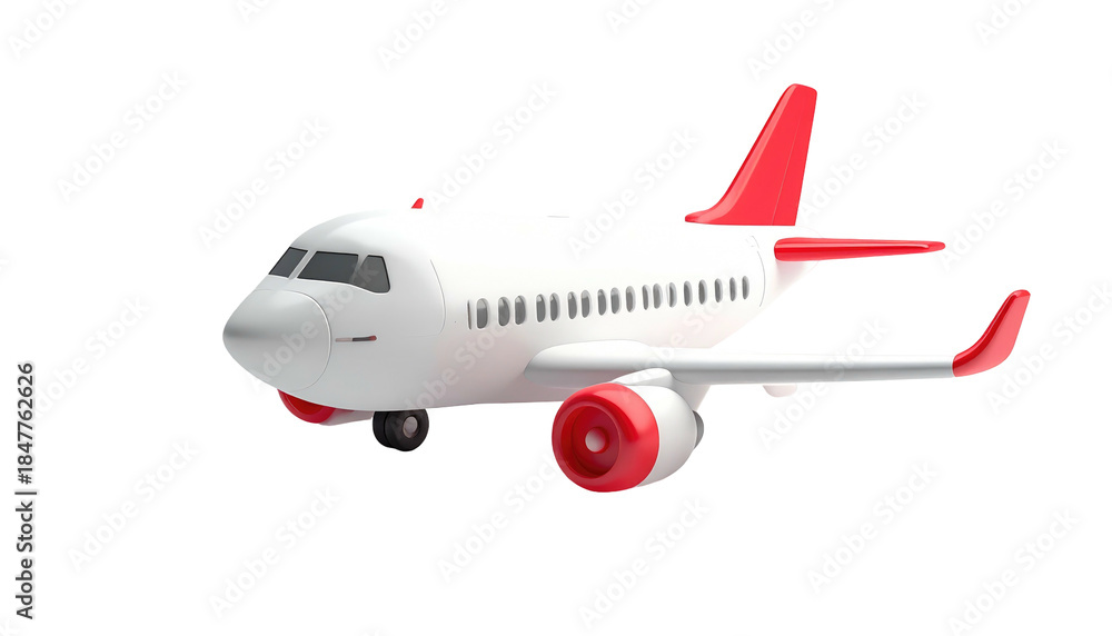 Obraz premium White airplane with red accents rendered against a black background. 3D graphic of a flying machine