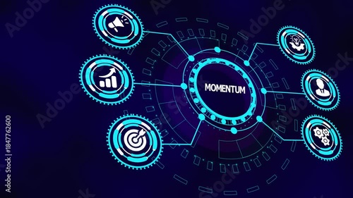 Business momentum concept with digital growth icons illustrating acceleration, analytics velocity, progress tracking, and sustained performance energy.