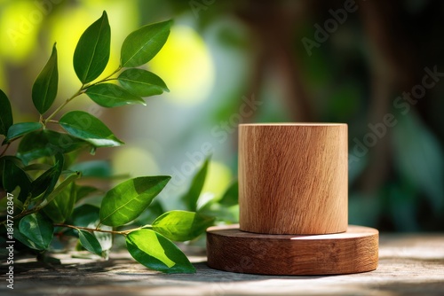 Fototapeta Naklejka Na Ścianę i Meble -  Natural wooden cylinder podium pedestal for product display.