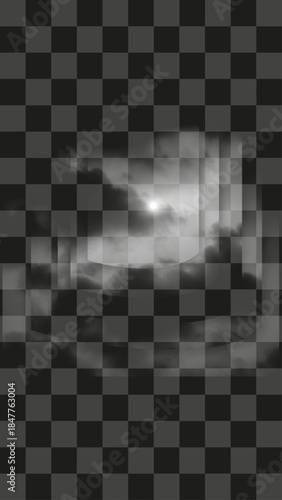 Grayscale dramatic sky background with bright sun obscured by dense clouds, dark stormy atmosphere or moonlight effect abstract overlay, moody weather design element for editing or digital artwork