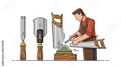 Cartoon of a carpenter with tools sharpening a saw