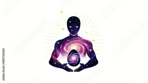 Cosmic being holding an eggshaped galaxy