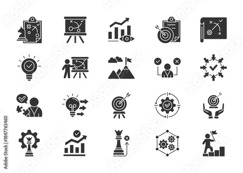 Strategy thin glyph icon set. Containing tactics, vision, objective, roadmap, blueprint, solution, plan, mission