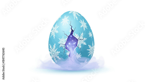 Cracked blue egg with snowflakes and glowing interior on wispy cloud